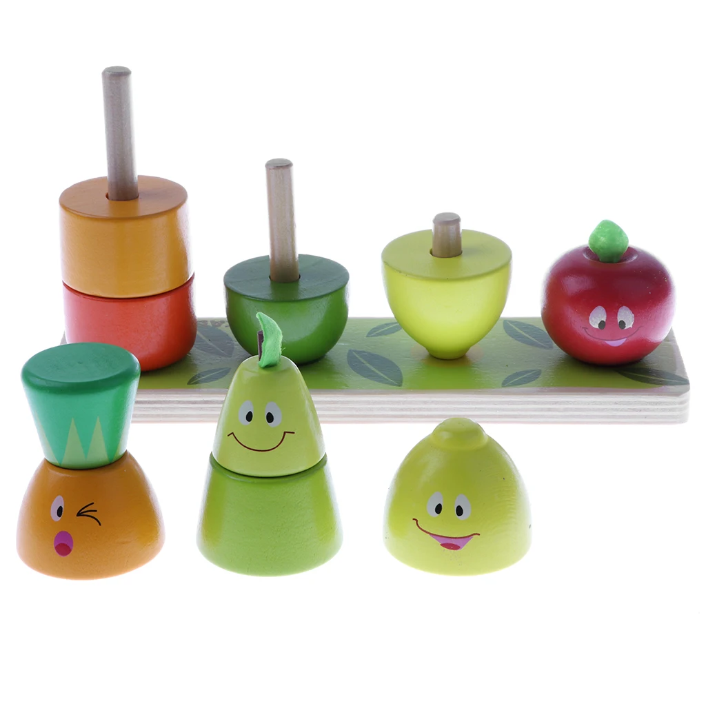 Cute Smiling Face Wooden Fruits Doll Stacking Game Building Blocks  Toy