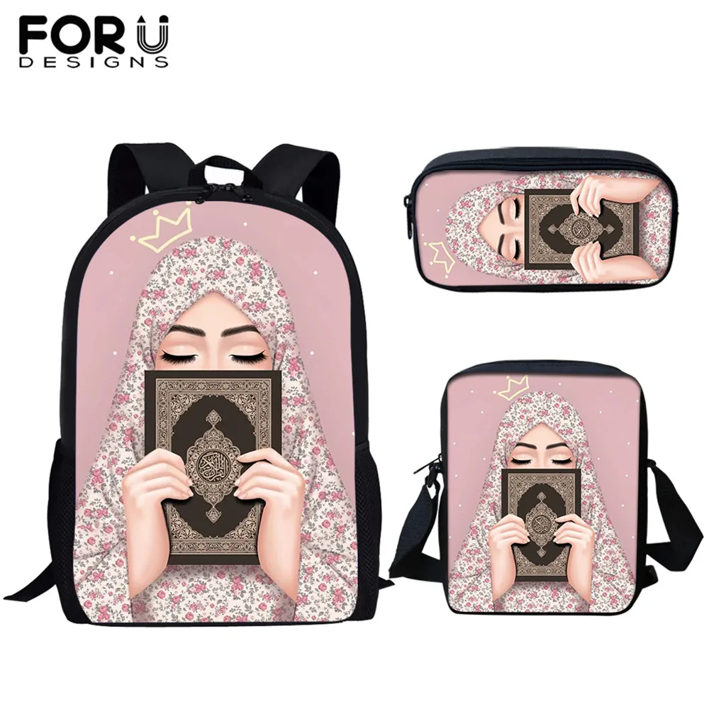 

FORUDESIGNS Hijab Face Muslim Islamic Gril Eyes Print School Bags Set for Teen Girls Children Book Bag Women Backpack Schoolbags