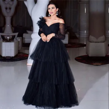 

Elegant Black A Line Tiered Tulle Prom Formal Dresses With Long Sleeves 2019 Trendy Off Shoulder Chich Ruffles Long Evening Gown