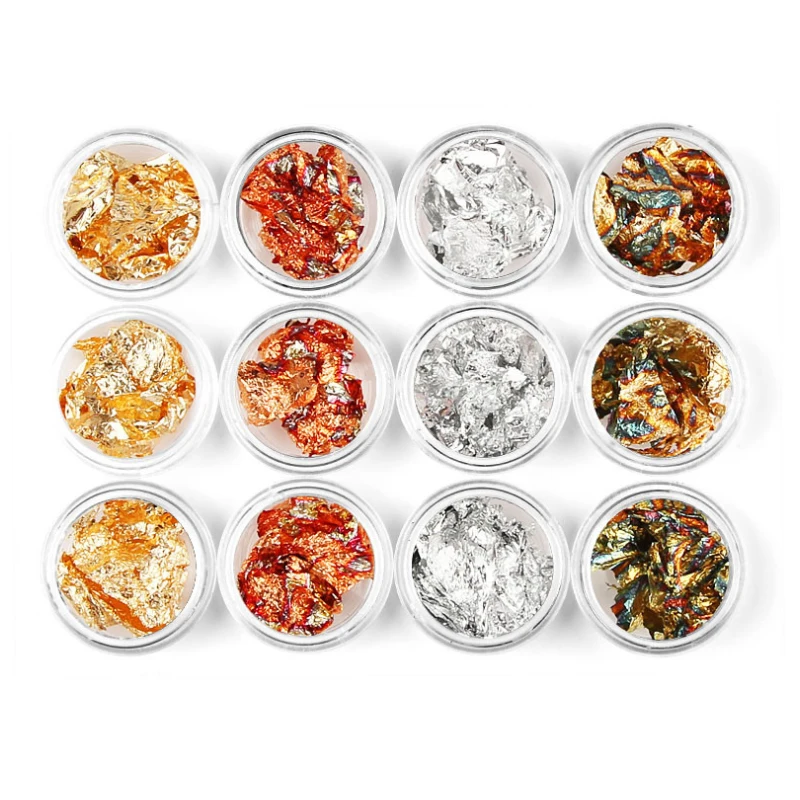 12 PCS Gold Silver Bronze Nail Art Foil Irregular Aluminum Nail Sticker For Nails Manicure 3D Glitter Gel Polish Nail Decor