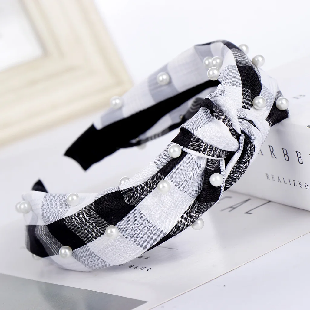 Korean-style British Style Chunky Plaid Stripes Hair Bands Nail White Pearl Japanese Korean Cross Elastic Fabric Head Buckle Hea