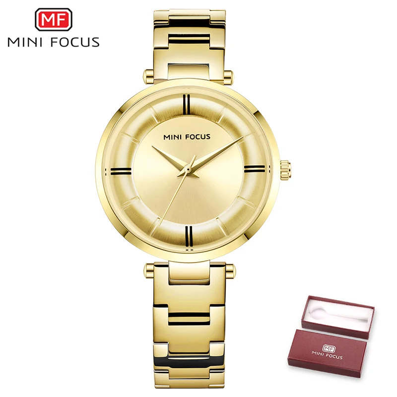 Gold MINIFOCUS модные женские часы синий ремешок из нержавеющей стали водонепроницаемые кварцевые женские часы подарок для жены Relogio Feminino - Цвет: Gold