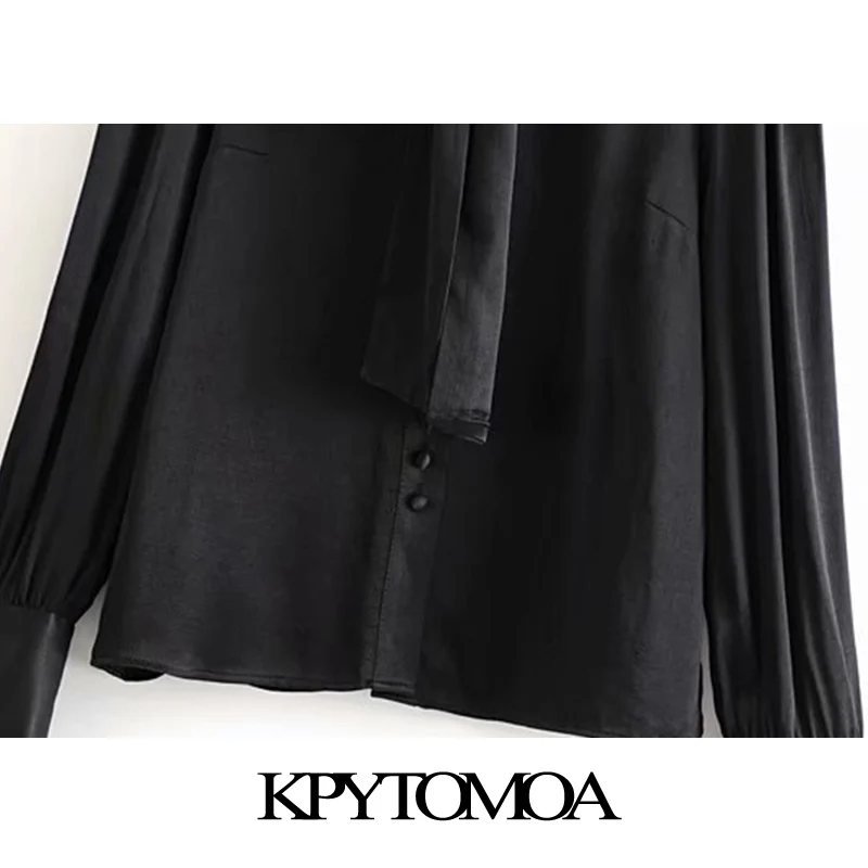 Vintage Stylish Office Wear Soft Touch Black Blouses Women Fashion Bow Tie Collar Long Sleeve Female Shirts Blusa Chic Tops