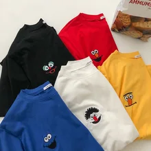 Осеннее платье с длинными рукавами простые футболки Для женщин в Корейском стиле с вышивкой с героями мультфильмов; свободная универсальная Футболка harajuku Kawaii с круглым вырезом для девочек; доступно в белом и футболка