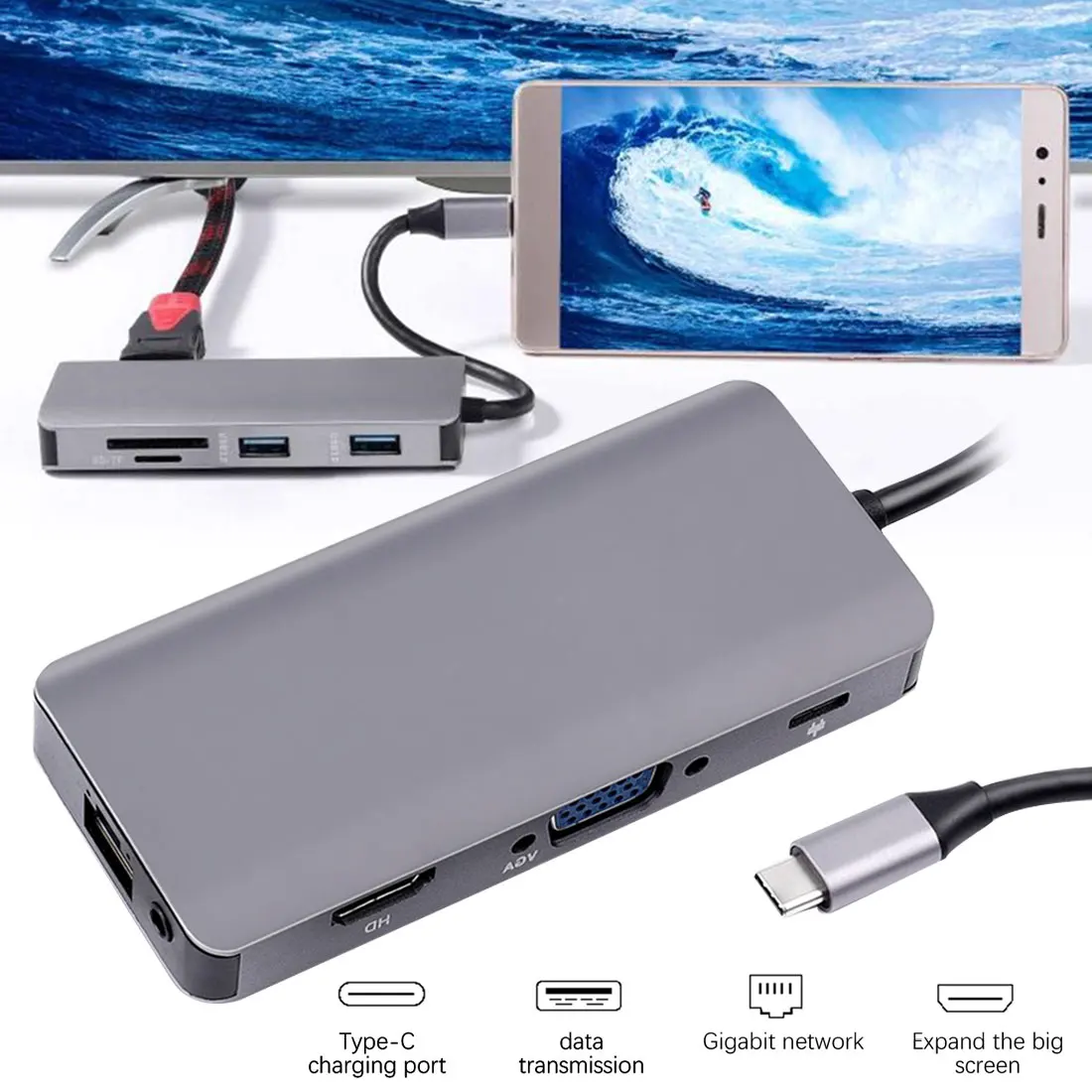 

7-in-1 USB C HDMI VGA Adapter Hub Adapter Gigabit Ethernet 3 USB 3.0 SD TF Card Reader to Multi Type C Splitter Port Dock