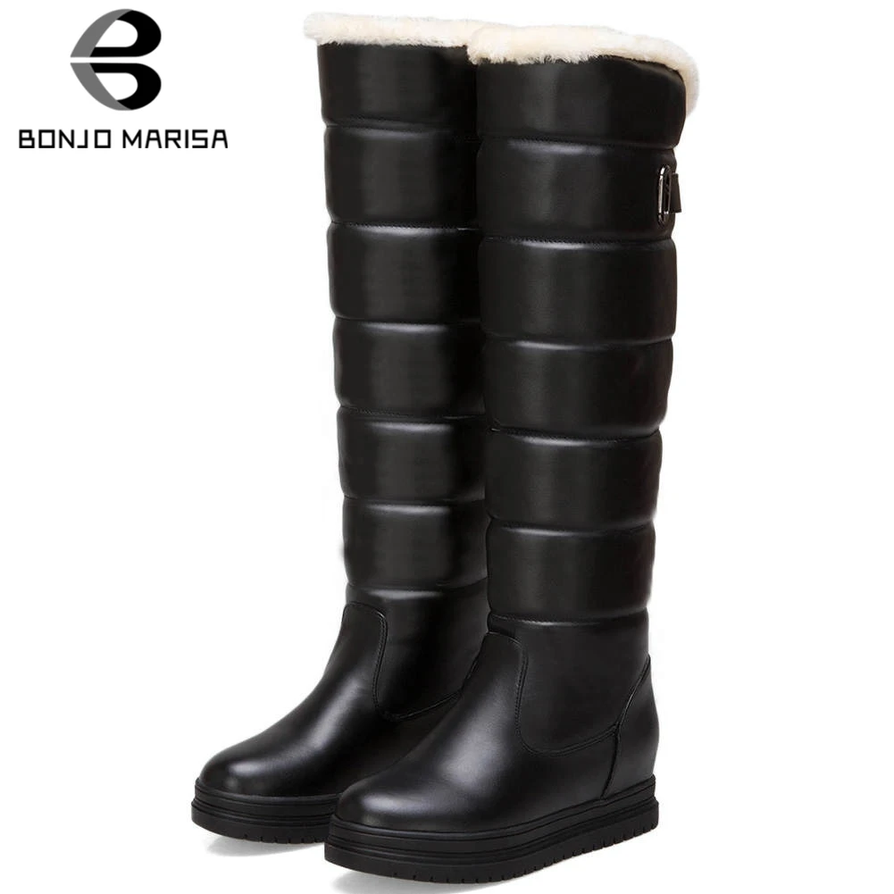

BONJOMARISA New 34-43 Winter Hot Sale Warm Fur Boots Ladies Knee High Snow Boots Women 2020 Warm Waterproof Wedges Shoes Woman