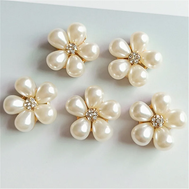 크리스마스 라인석 진주 꽃 버튼, 웨딩 장식, 금속 브로치, 헤어 보우, DIY 쥬얼리 공예, 24mm * 24mm, 로트당 10 개