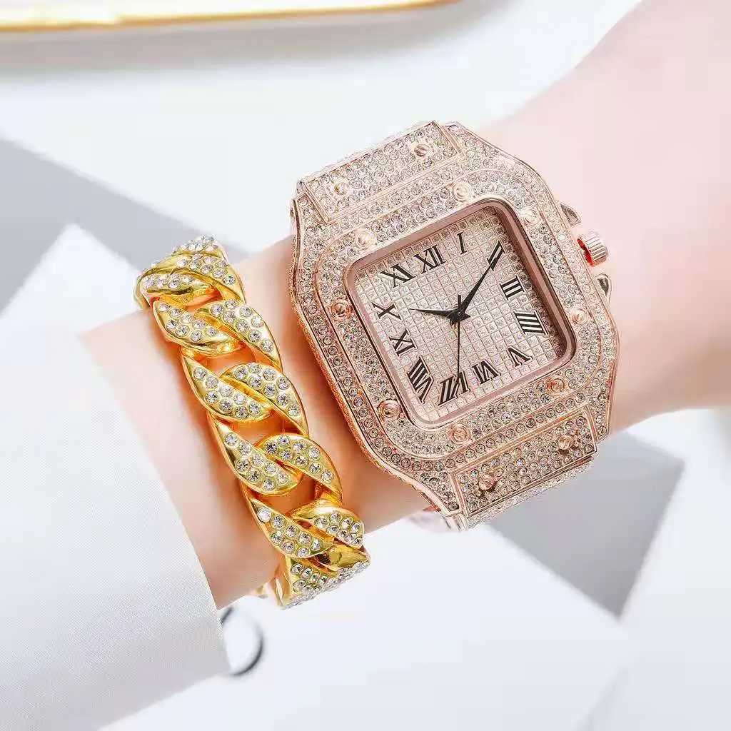 Watch for Women Men Luxury Hip Hop Full Iced Out Gold Watches with Cuban Chain Quartz Square Bracelet Set for Women Reloj Mujer