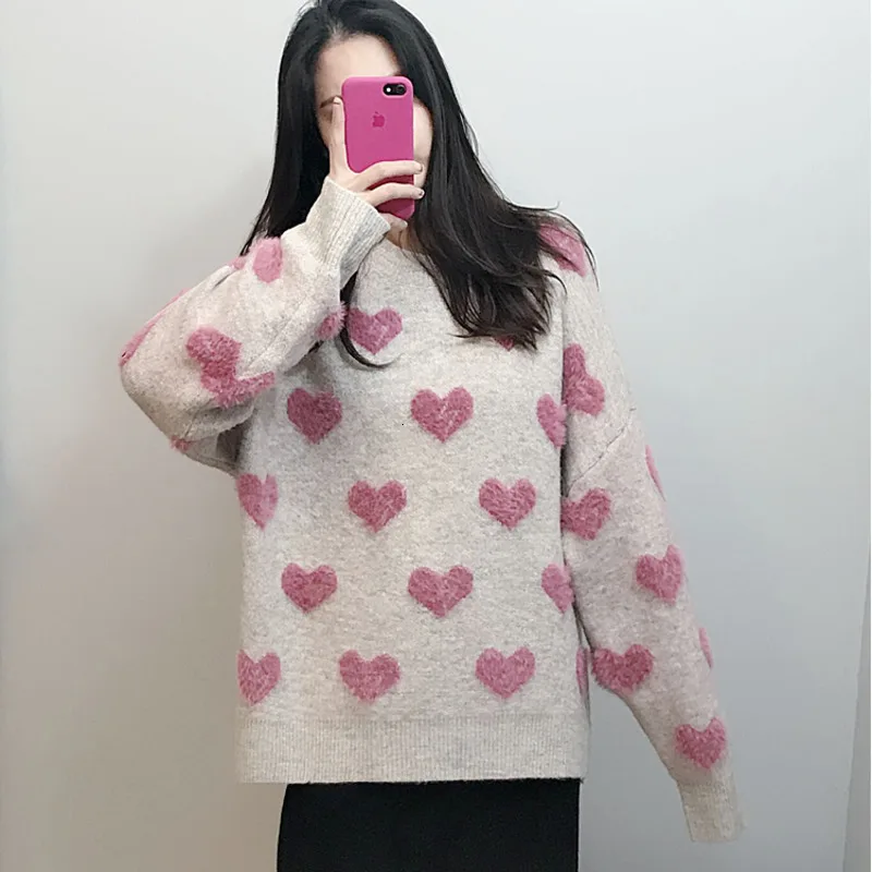 

Women Oversized Sweater and Pullovers 2020 Winter Faux Mink Lazy Oaf Pull Mohair Sweater Pink Heart Streetwear Loose Knit B097