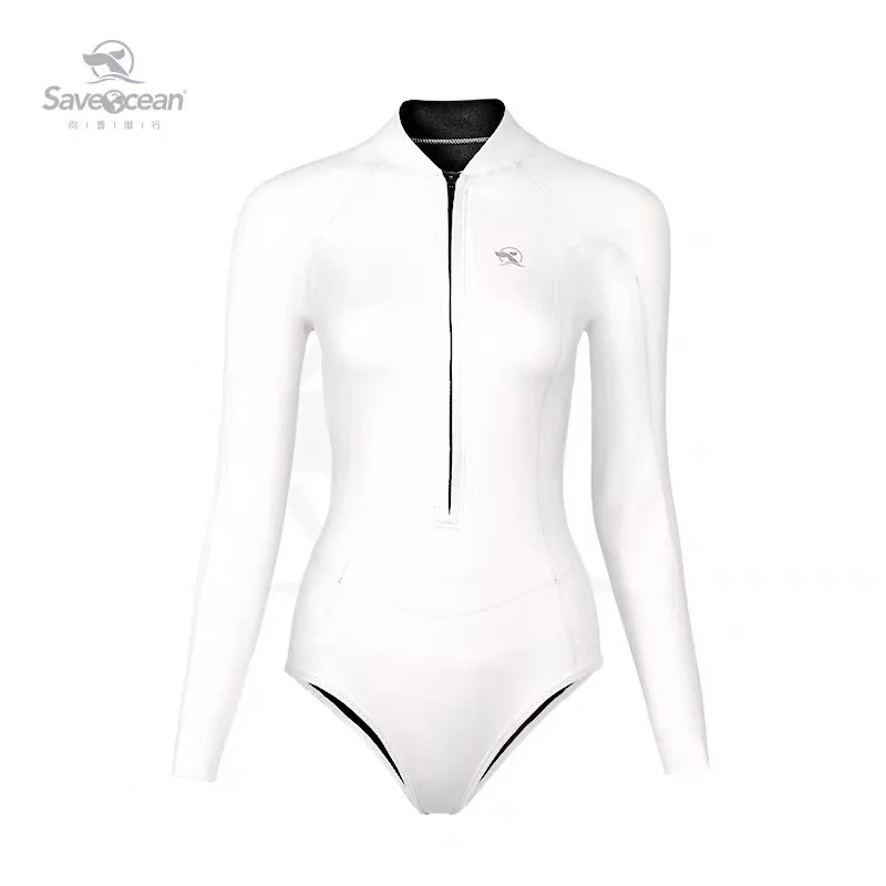 SaveOcean 2mm White Long Sleeve Front Zipper Bikini Bottom One Piece  Wetsuit Freediving Sun Protection Surf Suit Woman Swim Suit