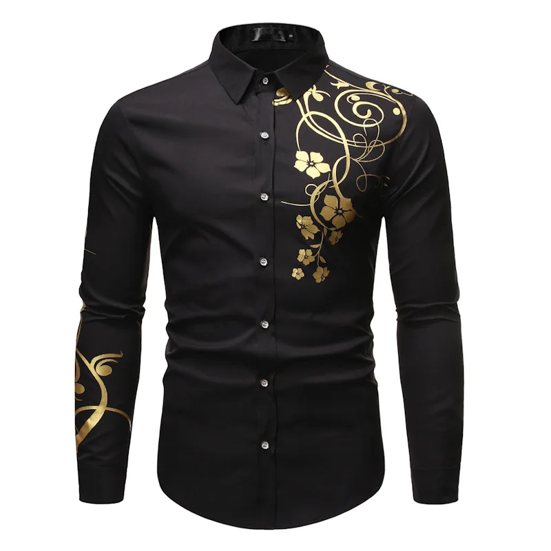 black Черная рубашка с цветочным принтом для мужчин Camisa Social Masculina, брендовая приталенная Мужская рубашка с длинным рукавом, деловые повседневные рубашки для мужчин - Цвет: black