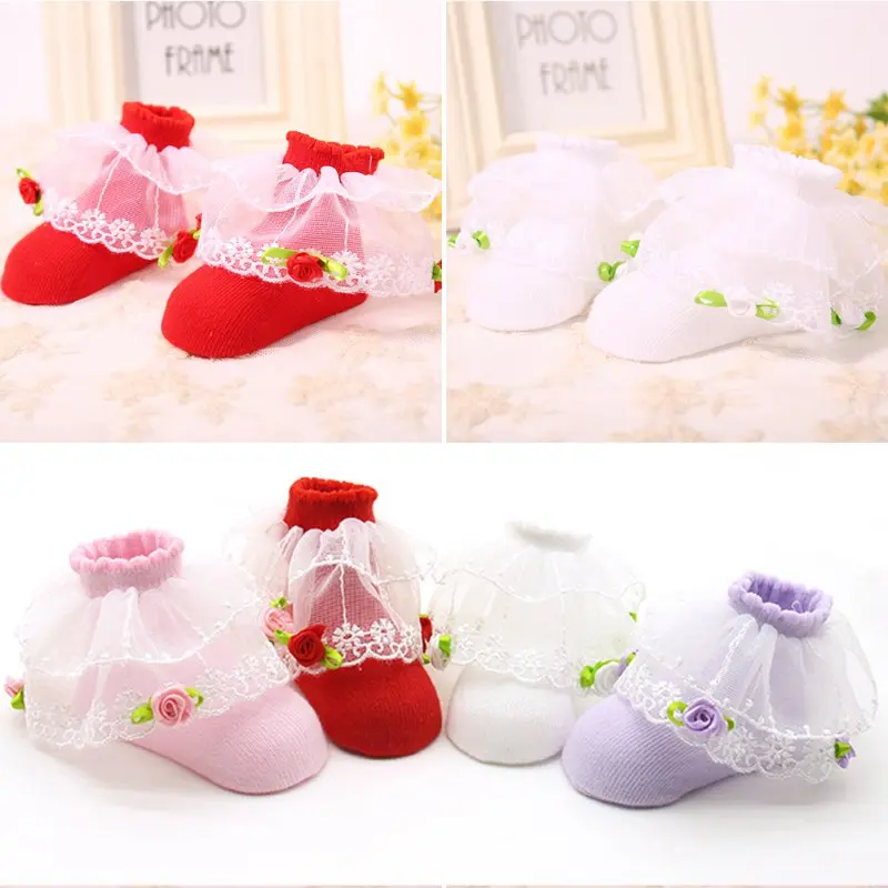 1 пара, кружевные носки с цветами для малышей от 0 до 12 месяцев, милые хлопковые удобные носки принцессы с бантиком для девочек