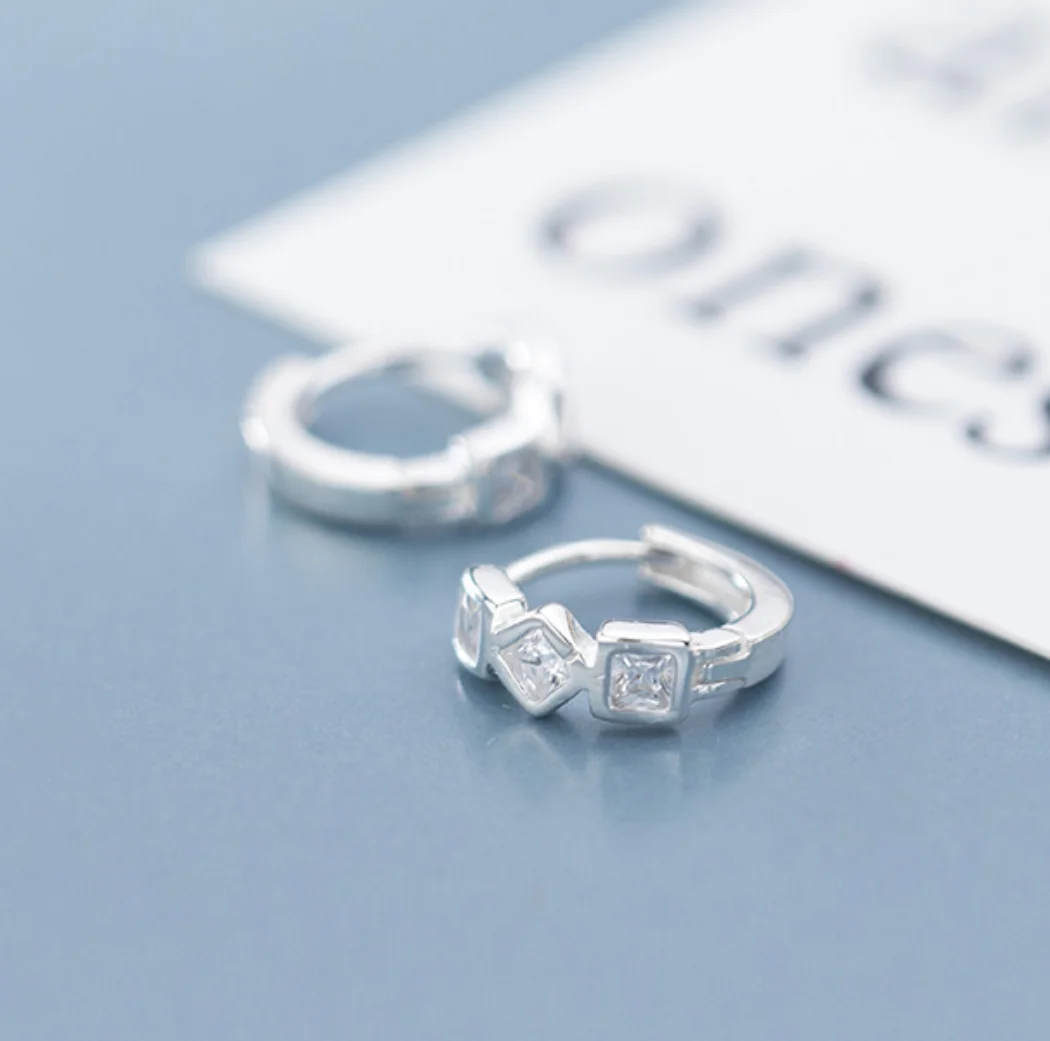 925 Sterling Silver Geometric Square CZ Huggie Hoop Earrings Women A1860
