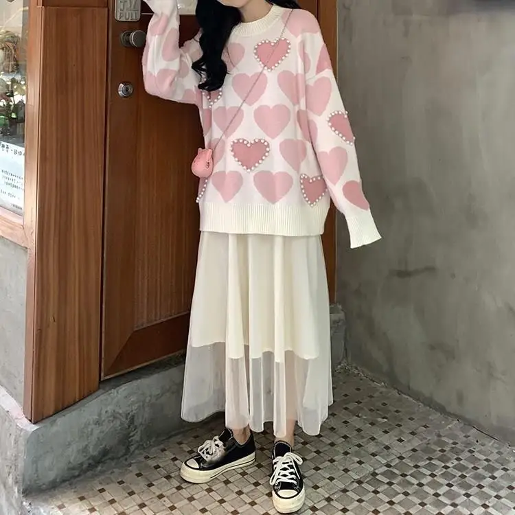 Casual Faux Mink Cashmere Sweater Autumn Heart Print Jumpers Women Beaded Love Heart Jacquard Knitted Sweater