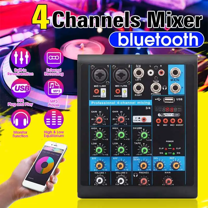 

Mini 4 Channels Audio Mixer USB bluetooth DJ Sound Mixing Console MP3 Karaoke Amplifier 48V Phantom Power for KTV DJ Studio