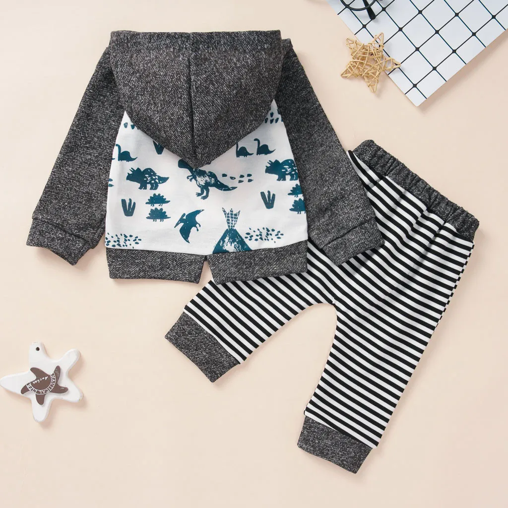 Winter warm newborn baby boy baby cotton handsome dinosaur pattern hoodie T-shirt shirt striped pants children clothes suit