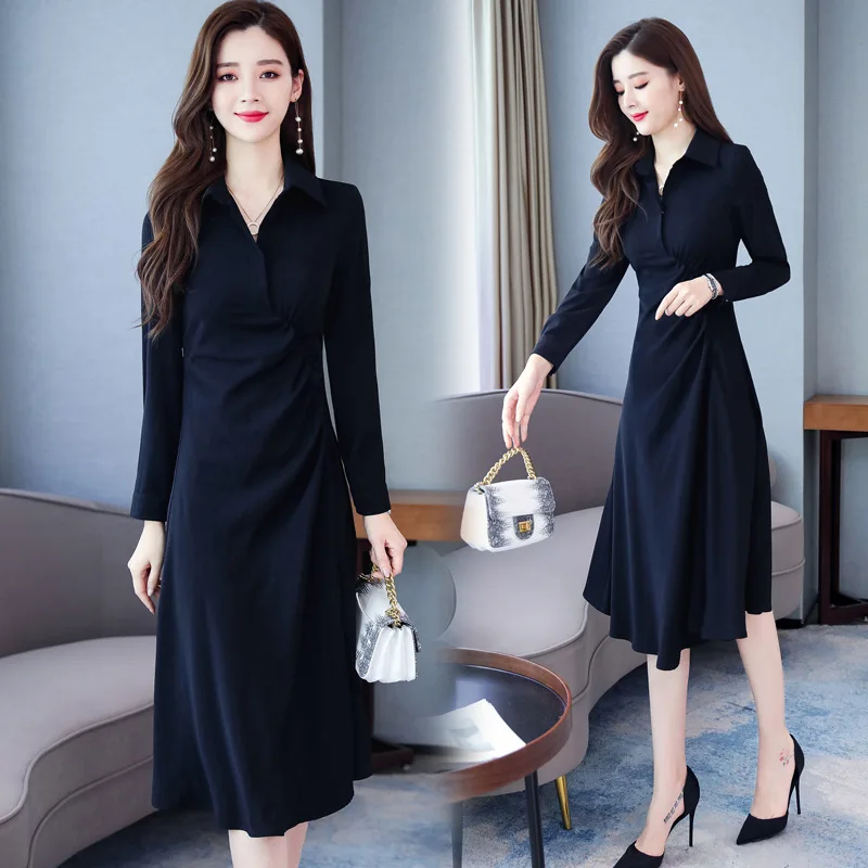 

Fragrant Ink Pleasant 2019 Autumn New Style Fold-down Collar Waist Hugging Mid-length Commuting Shirt Dress Women's Solid Color
