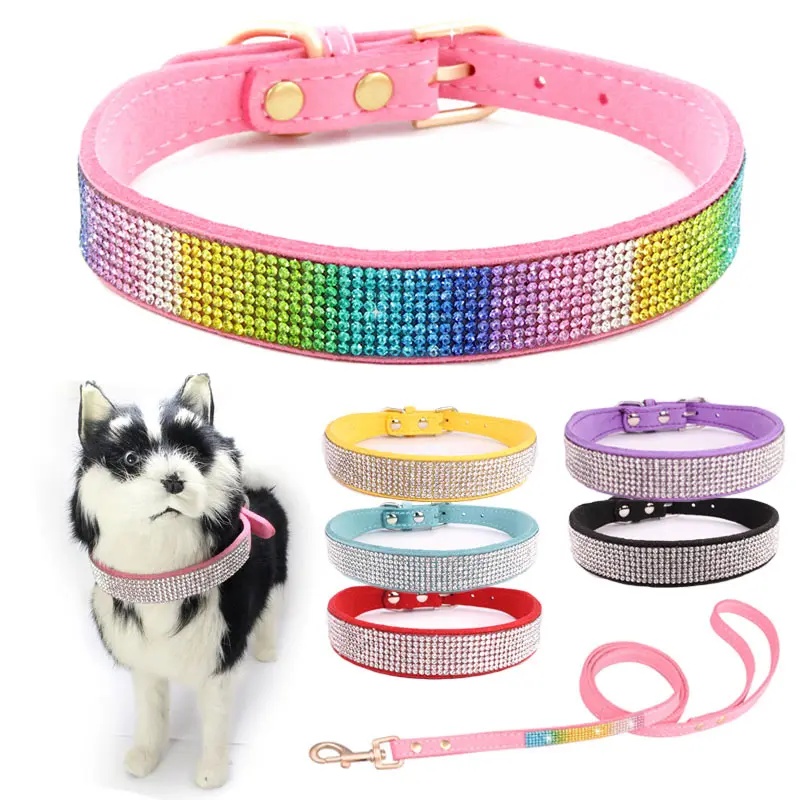 

Rhinestone Dog Collar Leash Pet Cat Accessories Pink Small Large Necklace Shine Soft Neck Strap For Teddy Chihuahua Green