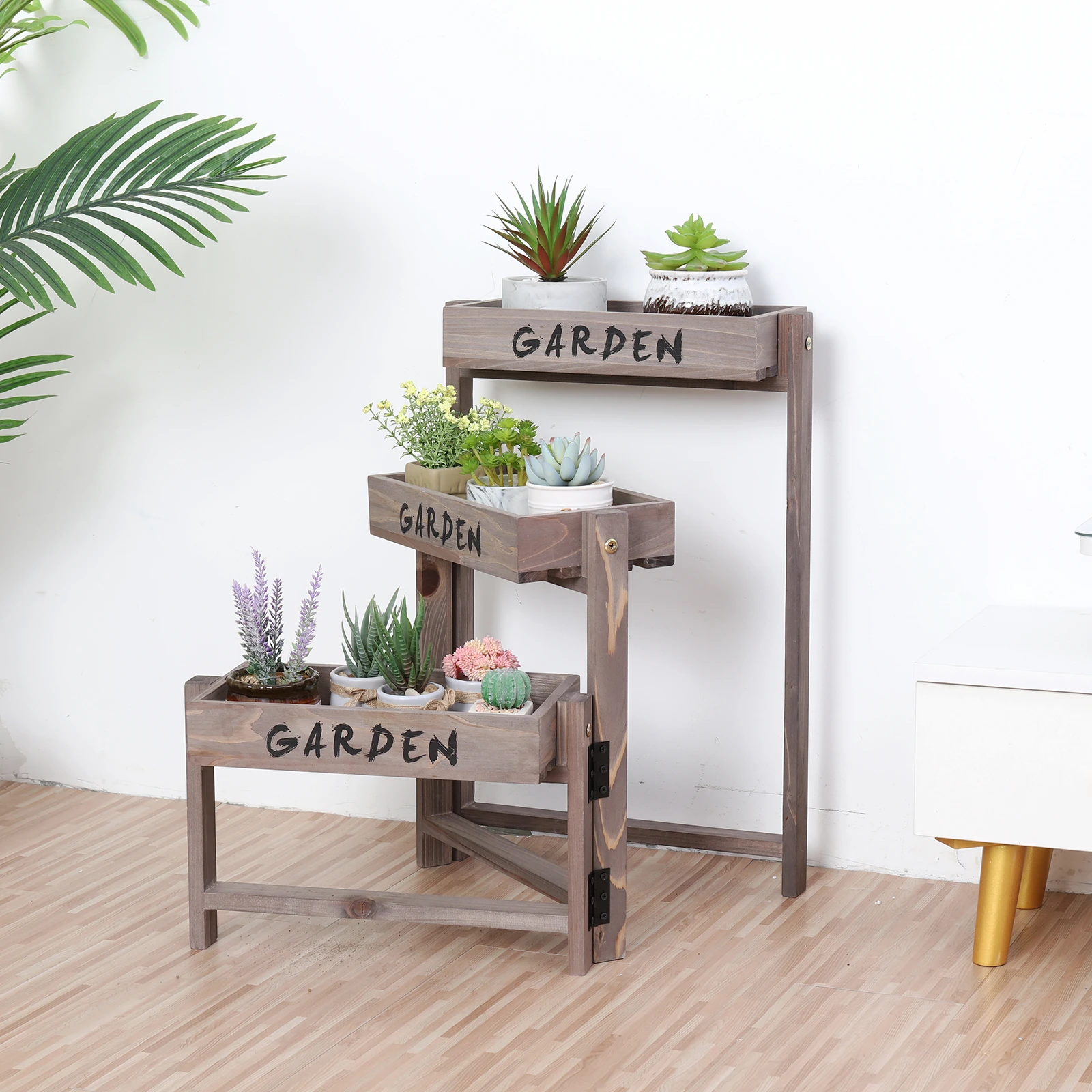 3 Tier Wooden Garden Plant Stand Vintage Herb Flower Succulent Holder Folding Display Shelf for Indoor Outdoor Yard Patio picnic table