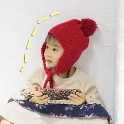 Дизайн в Корейском стиле на осень и зиму, детская вязаная шапка теплая обувь на шнуровке с меховыми помпонами детские наушники однотонная