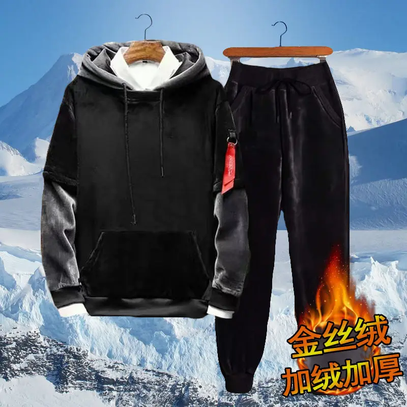 2020 winter Plus Size Men Casual Warm Tracksuit Fleece Zipper Hooded Coat Drawstring Pants 2 Piece Sets Mens Clothing 3
