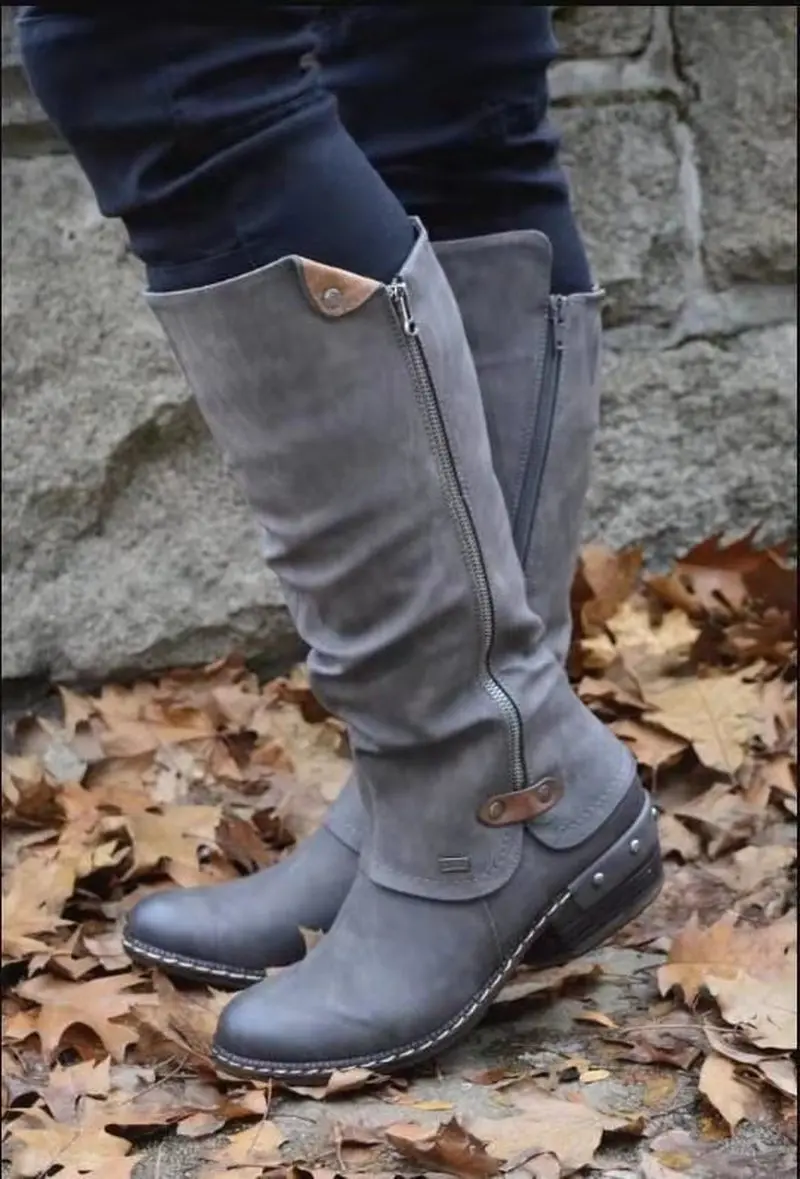 Botas Mujer; зимние сапоги до колена из искусственной кожи; женские зимние сапоги на высоком каблуке; женская обувь на молнии; цвет черный, красный, зеленый; большие размеры - Цвет: gray