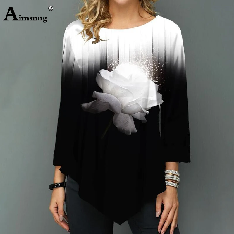 

Plus size 4xl 5xl Women New Autumn Three-dimensional printing Tops Nine Points Sleeve Elasticity Female T-Shirt Casual Loose