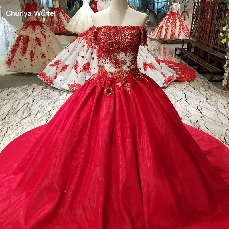 

LS01245 red beaded A-line satin evening dress off shoulder lace up back formal dress for wedding party with train as photos