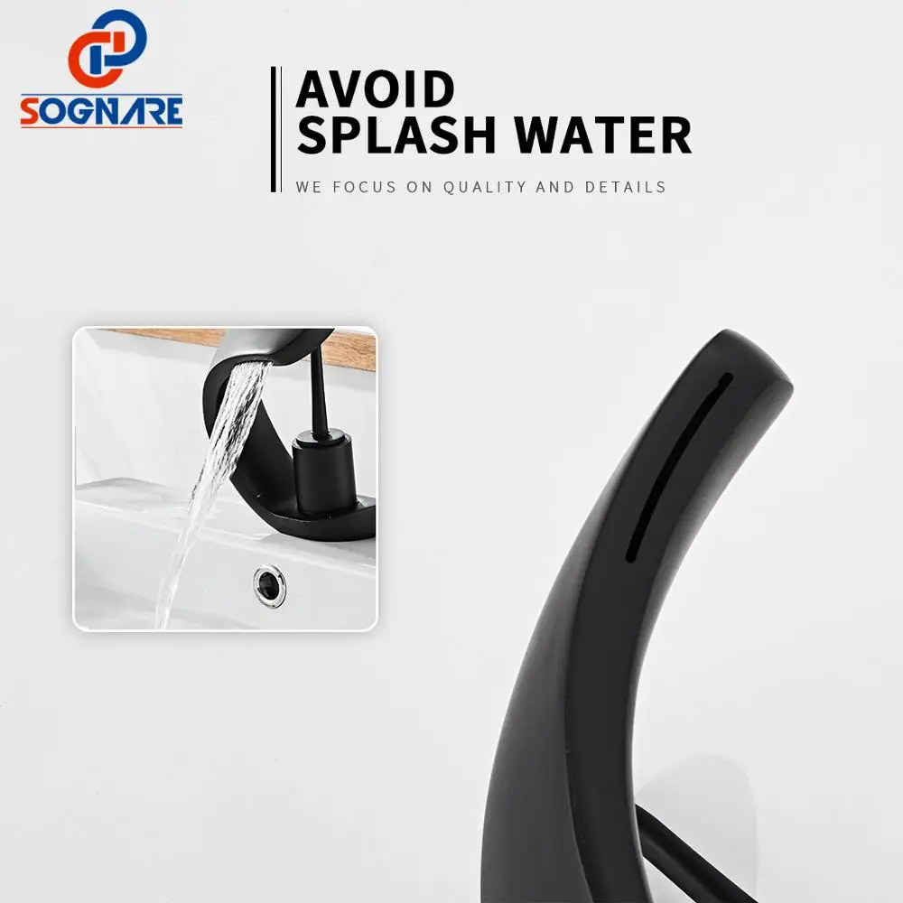 SOGANRE Bathroom Basin Faucet Matte Black Solid Brass Unique Design Sink Mixer Tap Hot& Cold Waterfall Basin Faucet Mixer Water