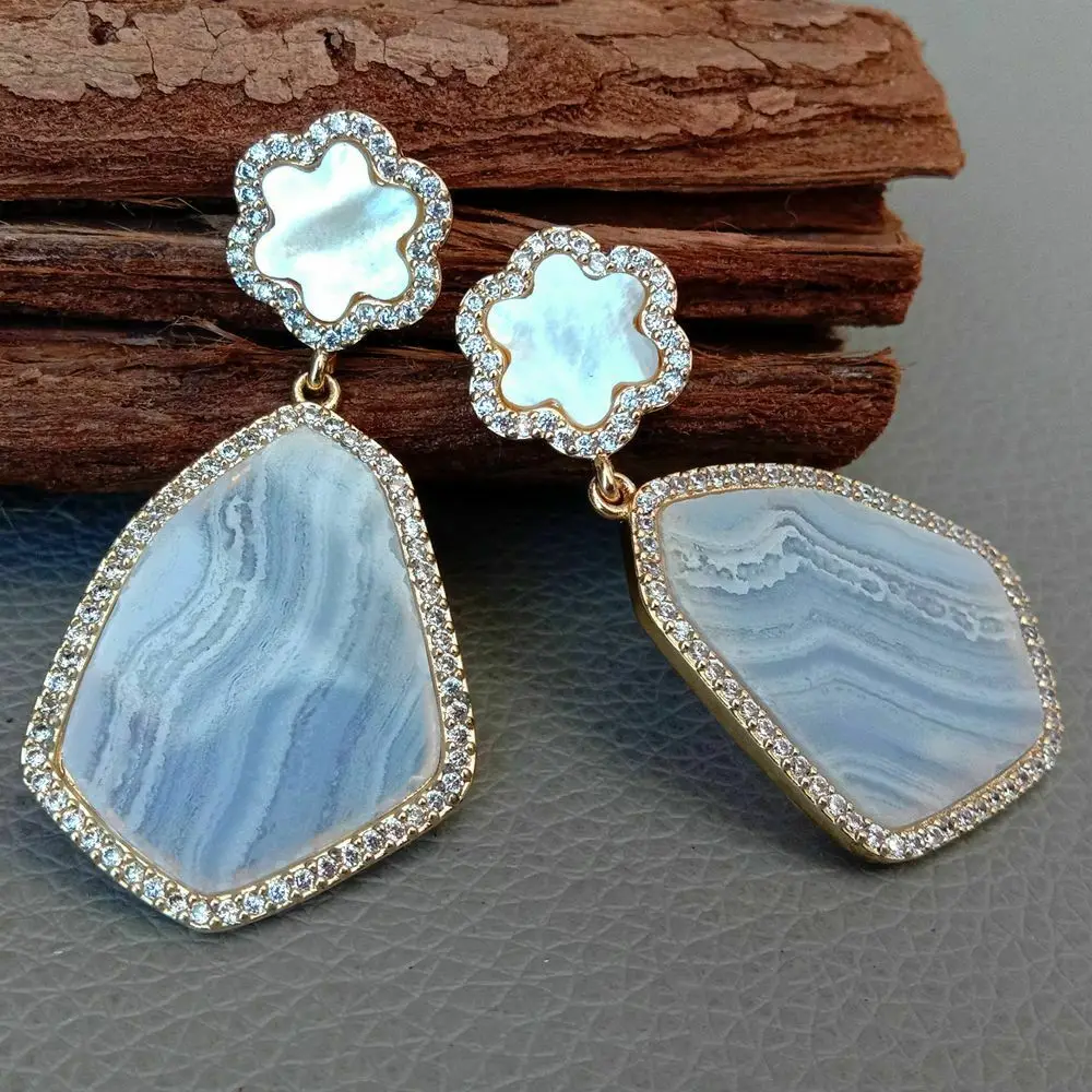 

Natural Chalcedony White Mop Flower Cz Pave Stud Earrings