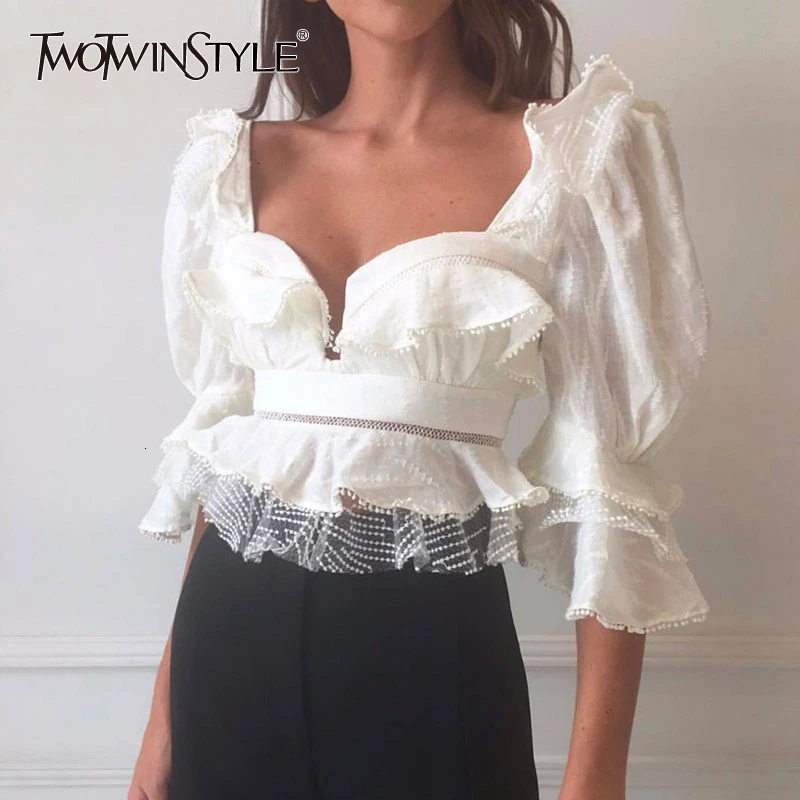 

TWOTWINSTYLE White Ruffle Vintage Shirts For Women Square Collar Puff Sleeve Patchwork Lace Tops Female 2019 Autumn Fashion New