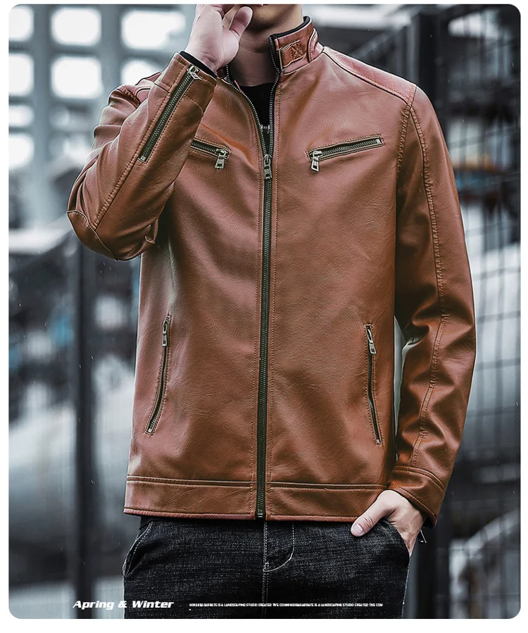 2021 Men's Leather Jackets Leather Jacket Men Motorcycle Solid Slim Stand Collar Zipper Fashion Coat Mens Coats Autumn Spring sheepskin trench coat