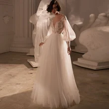 Modest V-Neck Bridal Dresses A-Line Long Lantern Sleeve Illusion Tulle Mild Appliques Lace Sweep Train Wedding Gowns Button Back