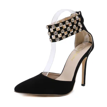 

2020 Women Pumps Fashion Zipper Pointed Toe High Heels Flock Crystal Gladiator Lady Shoes Thin Heels Chaussure Femme Black