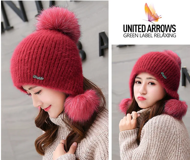 Student Skullies Beanies Hat for Women Autumn Winter Solid Hats Ear Protector Pom Poms Wool Rabbit Fur Knitted Hat F18703AD