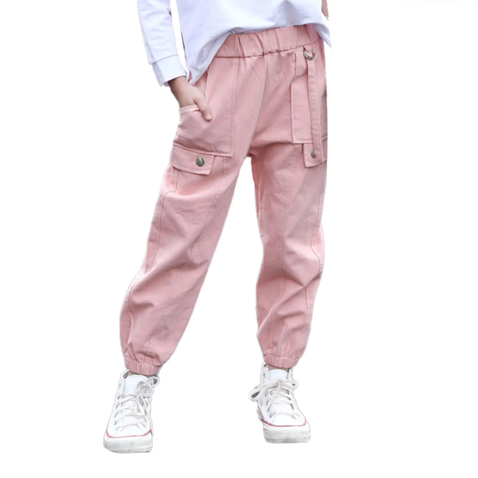 Oyolan Kids Girls Casual Cargo Jogger Pants with Pocket Hip Hop Streetwear Athletic Sports Baggy Trousers 