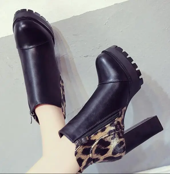 winter women shoes martin boots retro British with plush keep warm ankle botas trendy leopard chunky non-slip botines mujer - Цвет: leopard plush