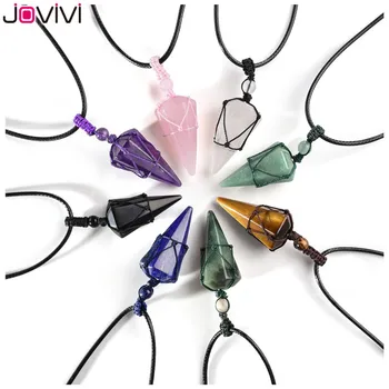 

JOVIVI Natural Stone Hexagonal Pointed Reiki Chakra Pendants Healing Quartz Crystal Dowsing Pendulums Necklaces Cord Adjustable