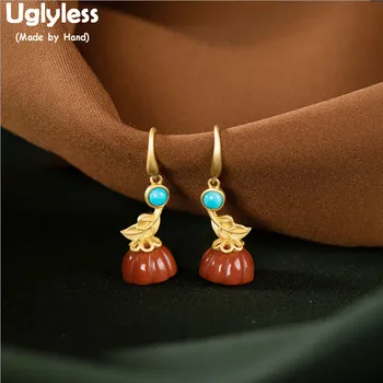 

Uglyless Bohemia Ethnic Turquoise Earrings for Women Real 925 Sterling Silver Leaf Floral Earrings Agate Lotus Fine Jewel E1739