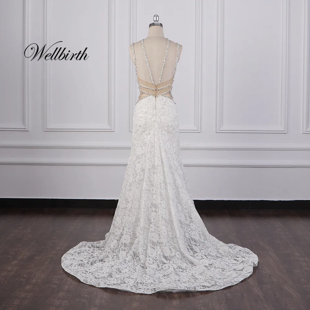 Реальное изображение Wellbirth Vestido de novia v-образный вырез tull молния сзади Русалка свадебное платье с коротким рукавом свадебное платье JC016