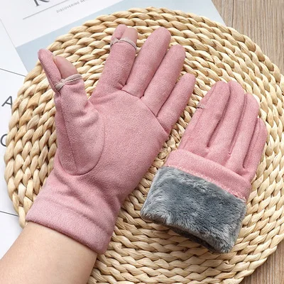 women pink Осенне-зимние мужские и женские парные модели плюс бархатные перчатки без пальцев с сенсорным экраном толстые теплые замшевые перчатки - Цвет: women pink