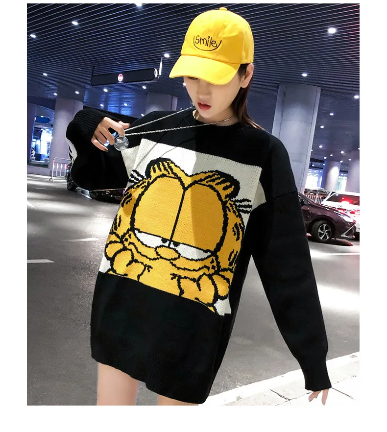 Новинка, корейский женский свитер Гарфилд, милый Свободный пуловер с рисунком, осенне-зимняя модная одежда для девочек, топы, Женский вязаный свитер - Цвет: Black