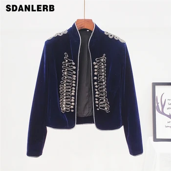 

2019 Early Autumn New Stand Collar Long-sleeved Diamond Armband Retro Button Trendy Coat Woman Short Slim Jacket Streetwear