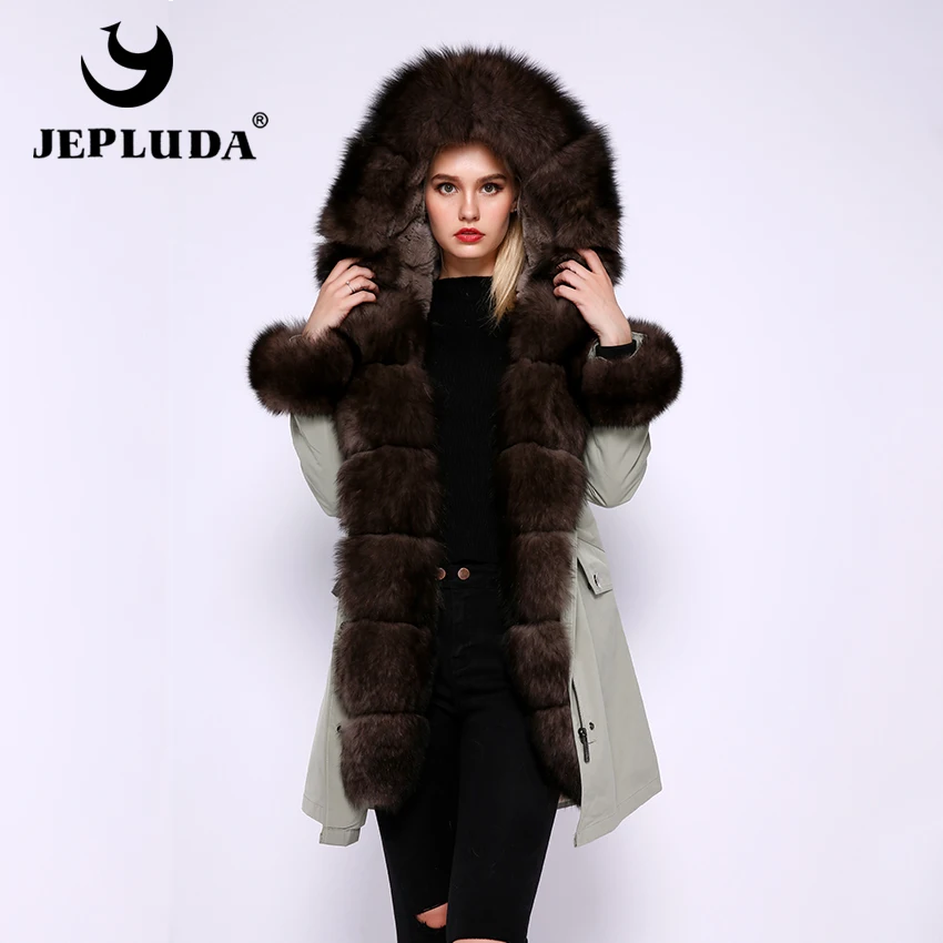 JEPLUDA, модная женская парка, пальто из натурального меха, воротник с манжетами, с капюшоном, натуральный Лисий мех, мех кролика Рекс, подкладка, теплое зимнее пальто, женская меховая куртка
