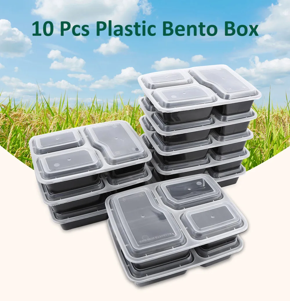 10 шт пластиковая коробка для бенто хранения еды преп Ланч-бокс 3 отсека многоразовые Microwavable контейнеры домашний Ланчбокс 014