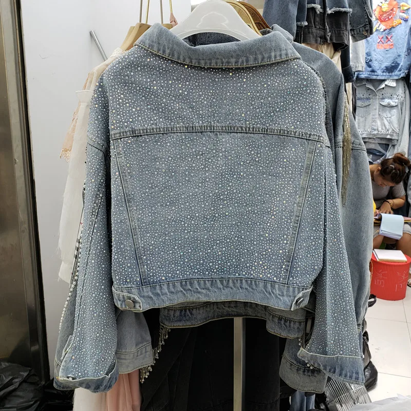 New  2019 Fall New Heavy Work Hot Drill Denim Jacket Woomens Short Jackets Female Black Long Sleeve Leis