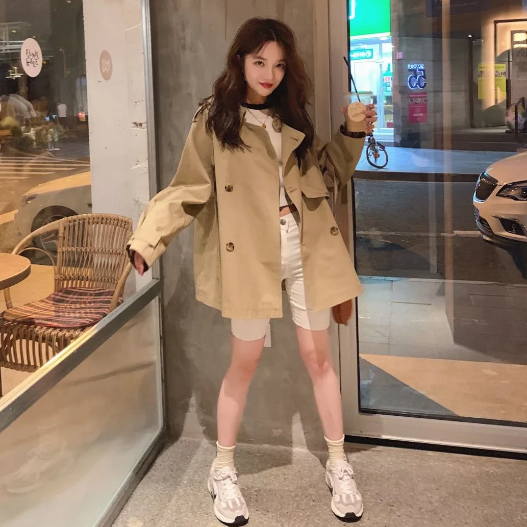 

Photo Shoot Korean-style Dongdaemun Khaki Fold-down Collar Double Breasted Loose Casual Short-height Versatile Trench Coat Ol Co
