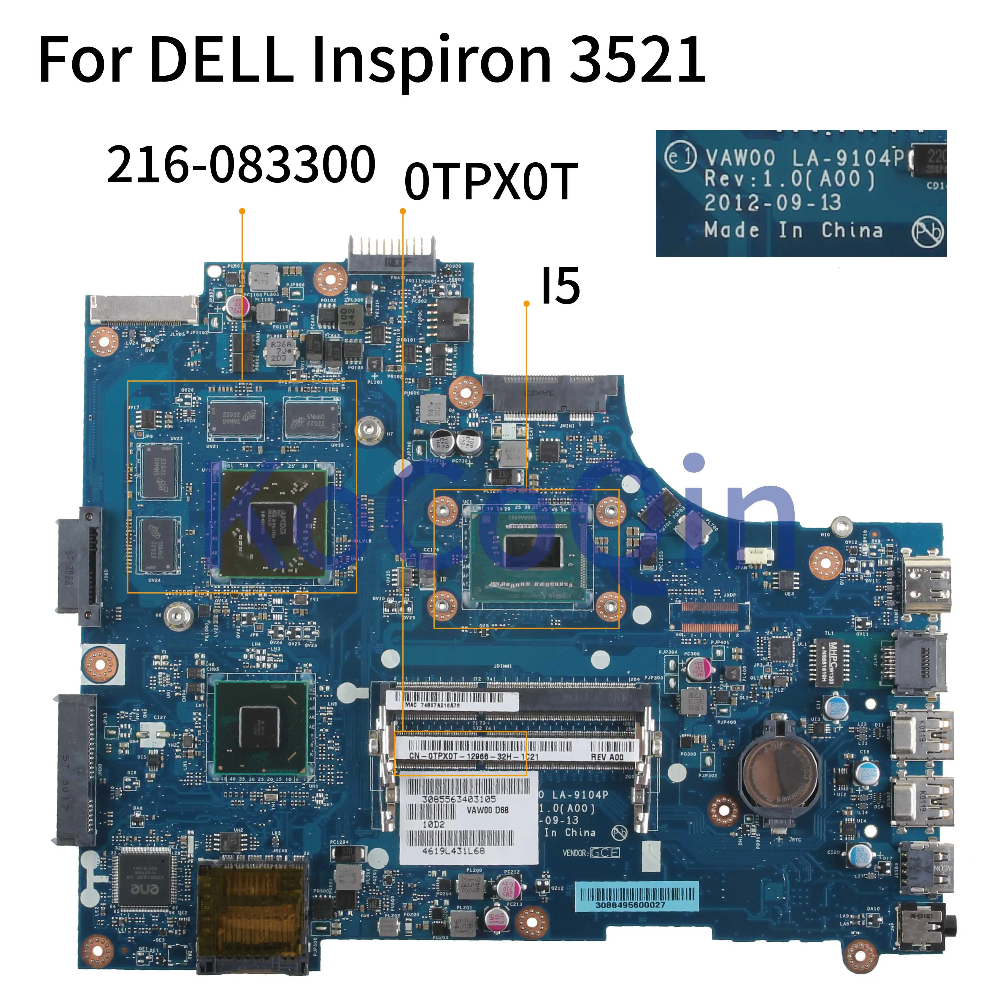  KoCoQin Laptop motherboard For DELL Inspiron 15R 3521 5521 Core I5 Mainboard CN-0TPX0T 0TPX0T VAW00