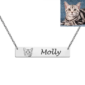

AILIN Women Necklace Custom Name Bar Necklace Personalized Photo Necklace Pet Photo Necklace Dog Cat Picture Engraving Necklace