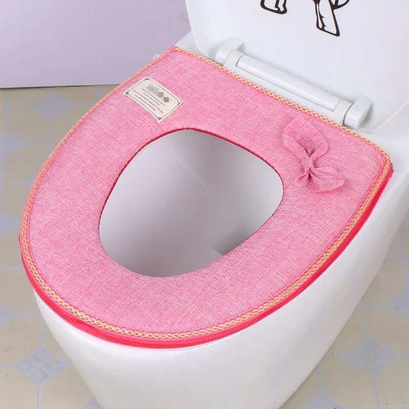 Pink Бантик льняное сиденье для унитаза сплошной цвет коврик для унитаза водонепроницаемый молния теплая крышка для унитаза ванная комната сиденье на унитаз подушка - Цвет: Pink